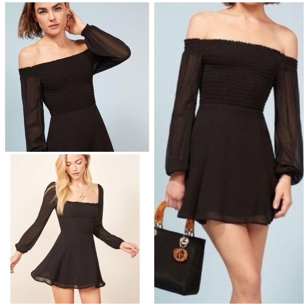 Reformation Honor Smocked Black Off-Shoulder Chiffon Sheer Sleeve Mini Dress 6